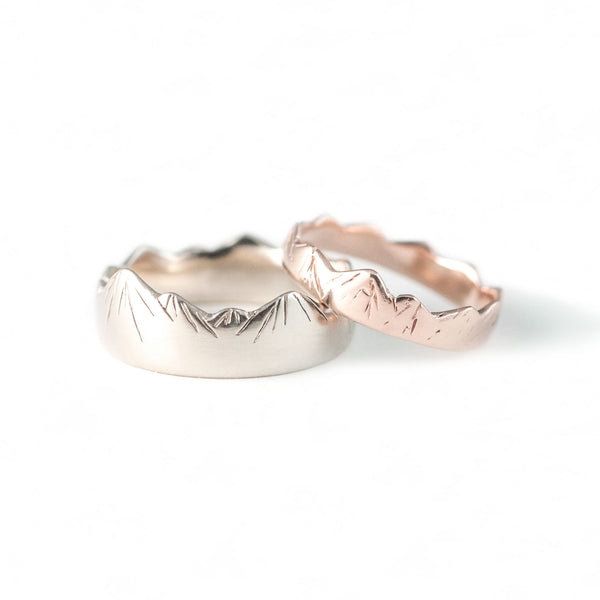 Mountain Wedding Rings in Rose + White Gold
