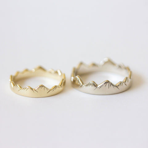 Mountain Wedding Rings in Yellow + White Gold