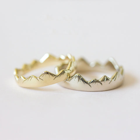 Mountain Wedding Rings in Yellow + White Gold